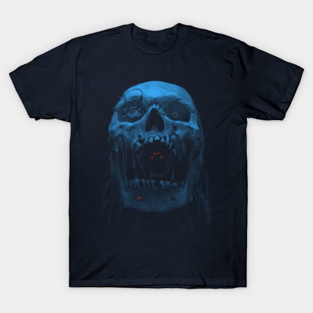 Robot Cyborg Skull Sci-Fi T shirt - Blue T-Shirt by KalebLechowsk